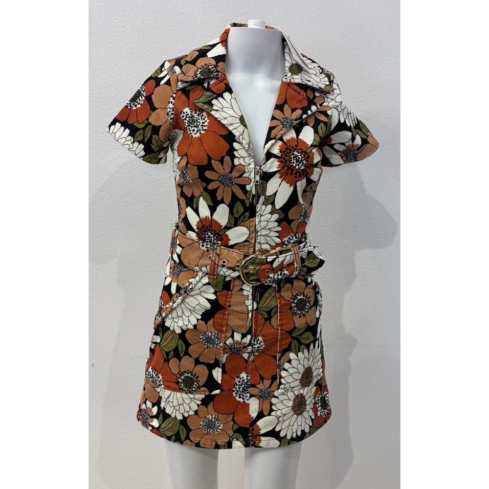 Show Me Your MuMu Floral Outlaw Corduroy Dress Sz XS Brown Boho Hippie Retro NWT